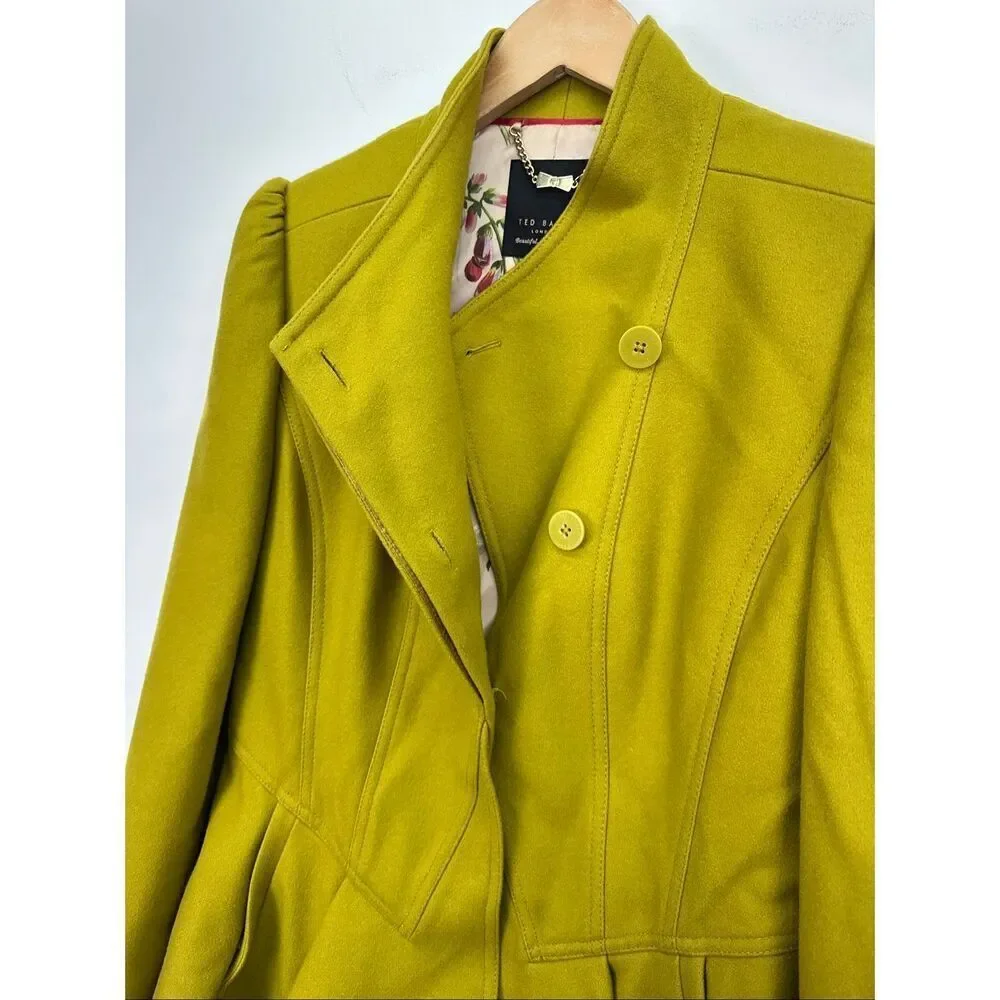 Ted Baker Women’s Wrenn Chartreuse Green Wool Cashmere Blend Peplum Blazer Jacke - Picture 10 of 16